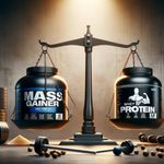 Mass gainer and whey protein on a set of scales