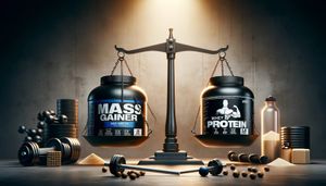Mass gainer and whey protein on a set of scales