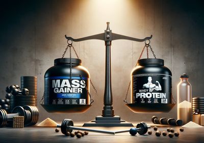 Mass gainer and whey protein on a set of scales