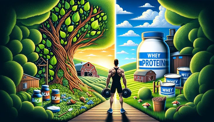 A man choosing between BCAAs and whey protein