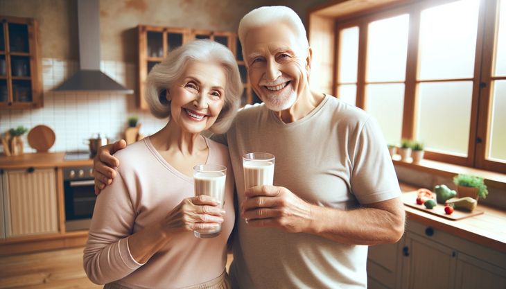 An elderly couple enjoying protein shakes