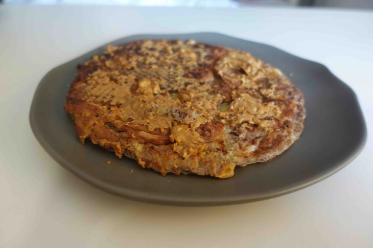 A pancake made from eggs and whey protein powder