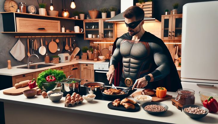 A superhero cooking high-protein foods