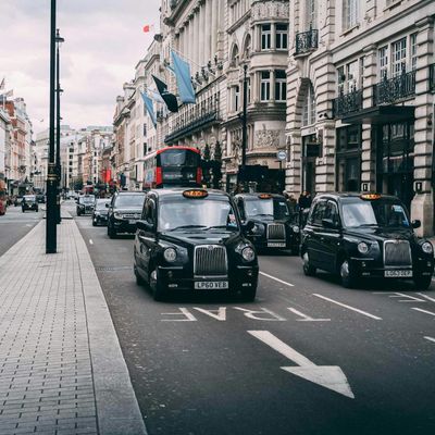 A London street with taxis and buses