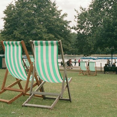 Deck chairs in a park in London