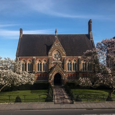 An old building and blossom trees in Harrow